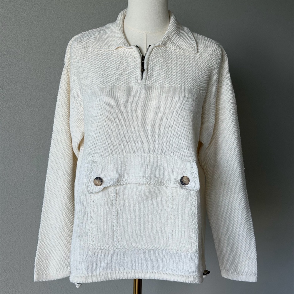 Robert Scott Linen/Cotton Off-White Collared Half-Zip Sweater Kangaroo Pocket -S